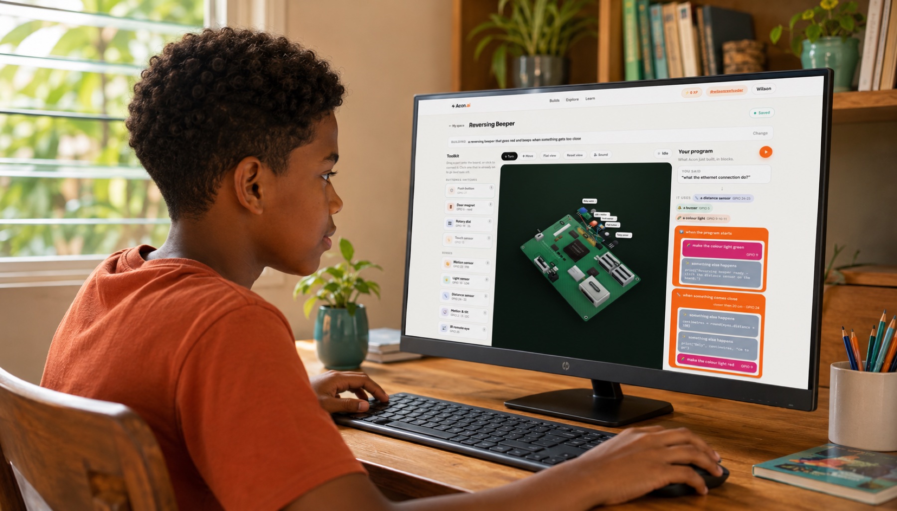 A child building a gadget: the parts on the left, the Raspberry Pi board in the middle, the program on the right