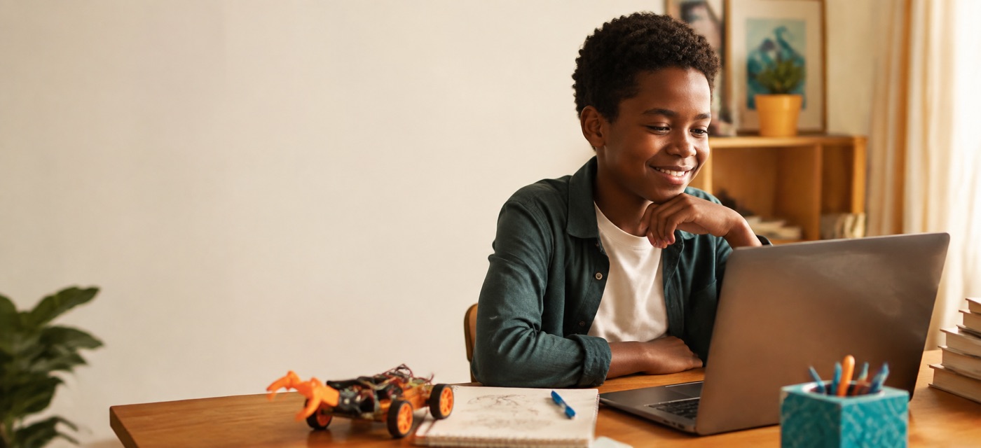 A boy grinning at his laptop with a robot buggy he built on the desk beside him