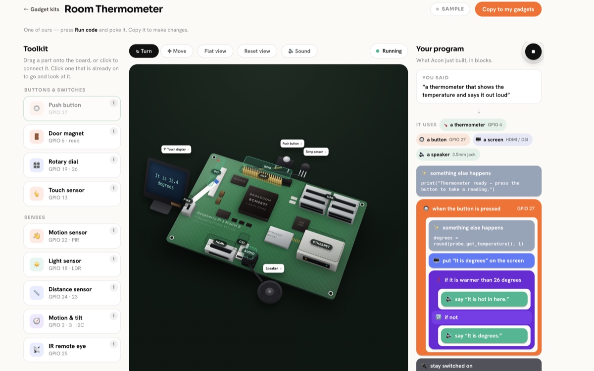 The Piplab gadget kit showing a 3D Raspberry Pi with a temperature sensor and the program in blocks